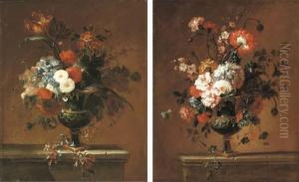 Carnations, Peonies, Narcissi 
And Other Flowers In An Urn On A Ledge; And A Parrot Tulip, Peonies And 
Other Flowers In An Urn On A Ledge Oil Painting by Jacques Charles Oudry