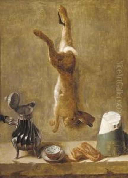 A Dead Hare Hanging From A Nail 
With Coffee Pot, Cup And Saucer, Pastries And Block Of Salt On A Ledge Oil Painting by Jacques Charles Oudry