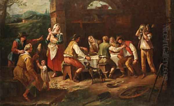 Peasants eating in a farmyard Oil Painting by Antonio Diziani