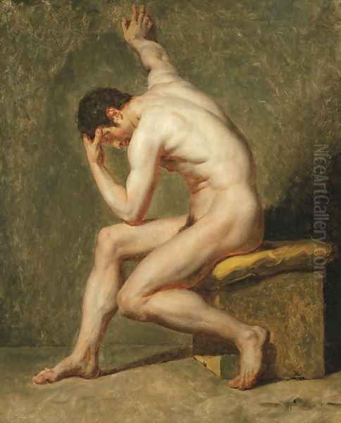 A seated male nude in contrapposto Oil Painting by Jean-Germain Drouais