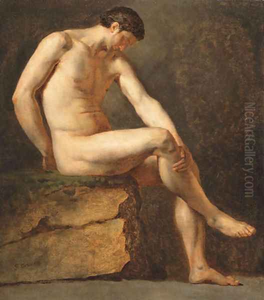 A seated male nude Oil Painting by Jean-Germain Drouais