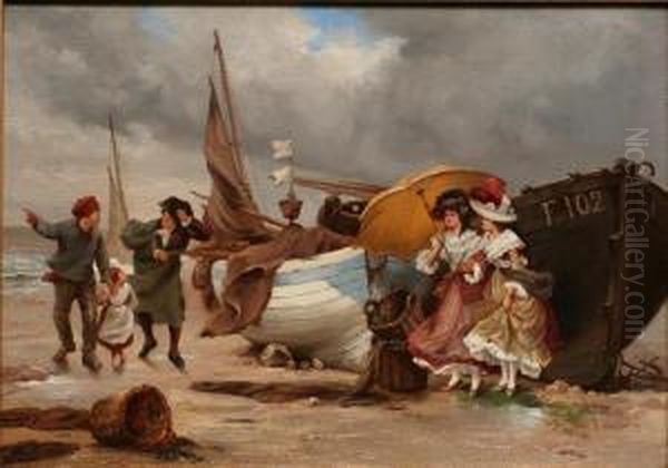 Elegants Debarquant Sur La Plage De Fecamp Oil Painting by Pierre Outin