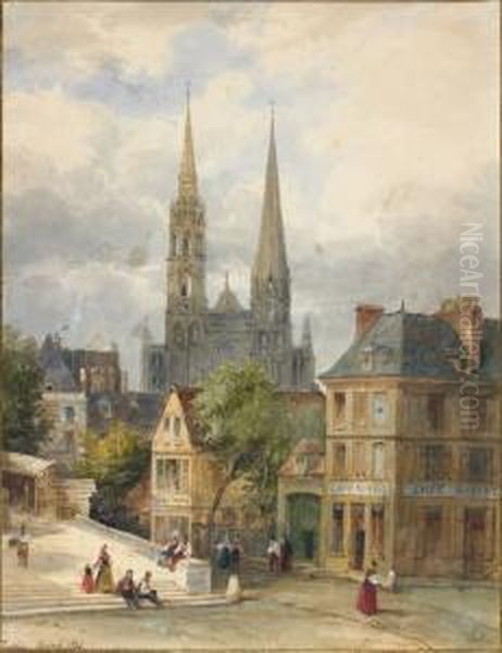 Vue Animee De La Tour Saint-ouen A Rouen Oil Painting by Pierre Justin Ouvrie