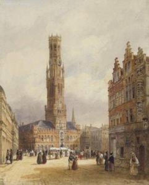 Le Beffroi A Bruges Oil Painting by Pierre Justin Ouvrie