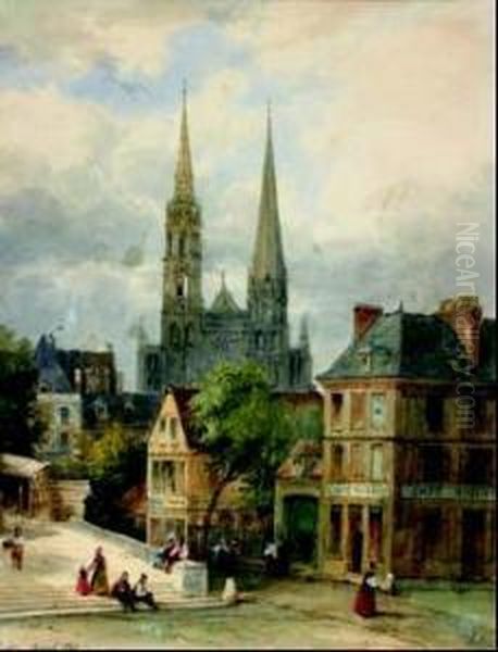 Vue Animee De La Tour Saint-ouen A Rouen Oil Painting by Pierre Justin Ouvrie