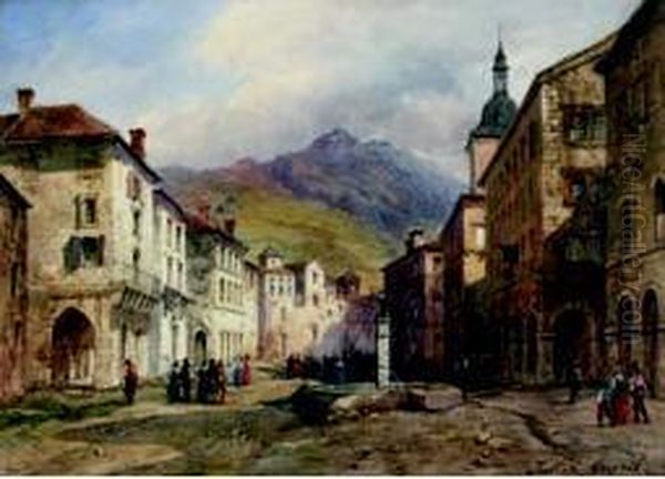 Vue Animee D'une Rue De Sion En Suisse Oil Painting by Pierre Justin Ouvrie