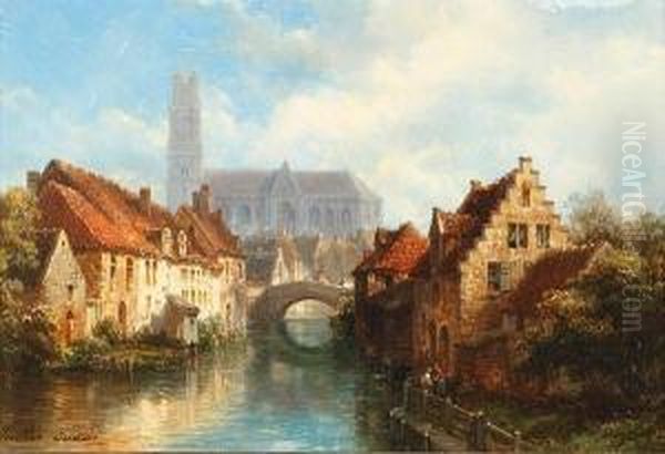 Continental Town River Scene Oil Painting by Pierre Justin Ouvrie