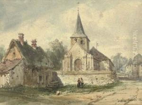 Villagers Gathered Before A Church, In An Alpine Landscape; Figures Beside A Church by Pierre Justin Ouvrie