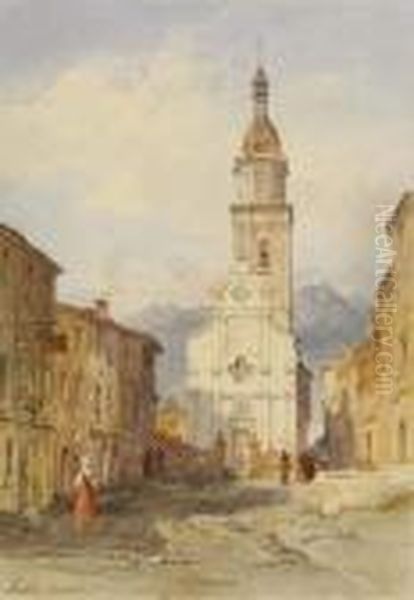 Place De Village Et Eglise Oil Painting by Pierre Justin Ouvrie