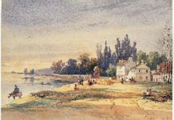 Animation Au Bord Du Lac, 1839 Oil Painting by Pierre Justin Ouvrie