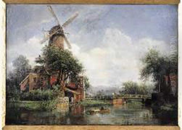 Moulin Hollandais Se Refletant Dans Une Riviere Oil Painting by Pierre Justin Ouvrie