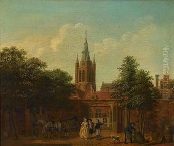 A Courtyard In Delft With The Oude Kerkbeyond Oil Painting by Isaak Ouwater