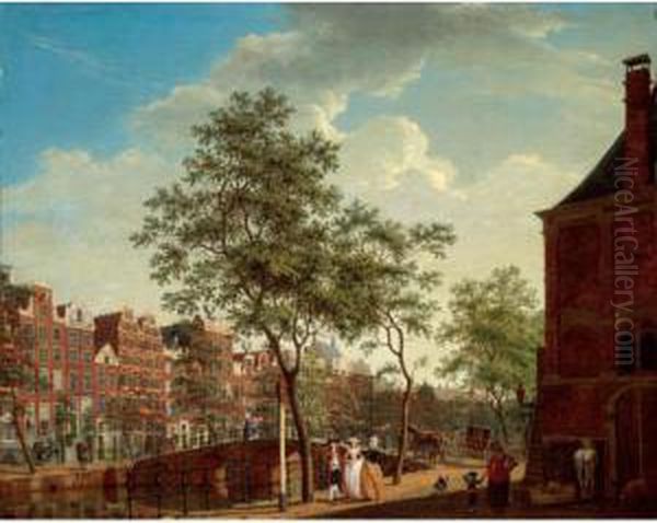 Amsterdam A View On The 
Keizersgracht From The Westermarkt With The 
Westerhal On The Right Elegant Figures 
Conversing In The Foreground With Other Figures 
And A Horse-drawn Carriage C Oil Painting by Isaak Ouwater