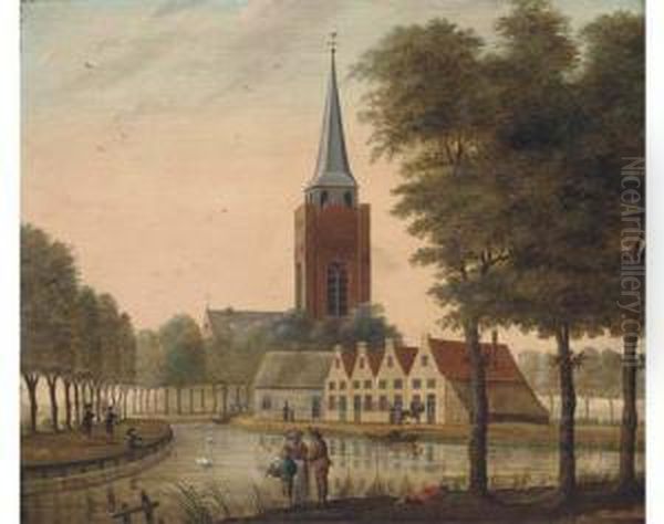 A Canalside Town With Figures Fishing And Discoursing In Theforeground Oil Painting by Isaak Ouwater