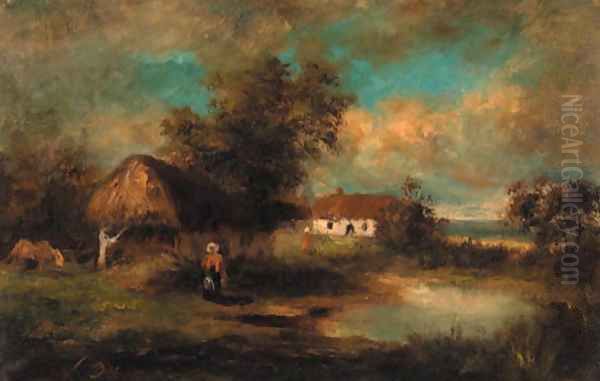 A village by a pond Oil Painting by Leon Victor Dupre