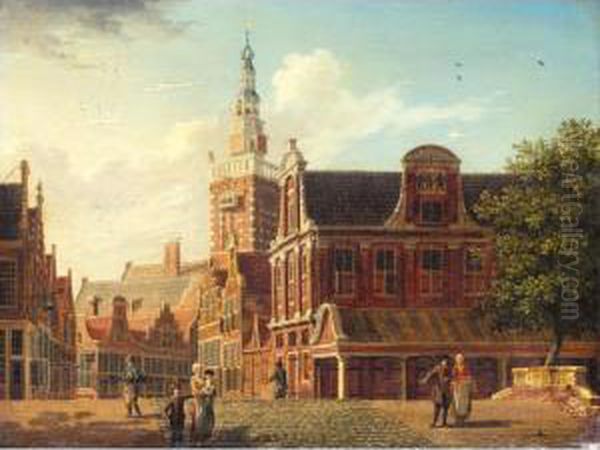 Monnickendam, A View On The Dam, With The Waag On The Right And The Speeltoren Beyond Oil Painting by Isaak Ouwater