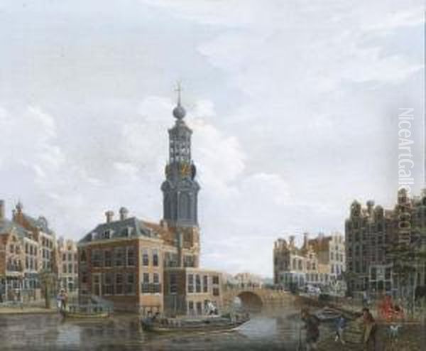 The Singel, Amsterdam, With The Munttoren Oil Painting by Isaak Ouwater