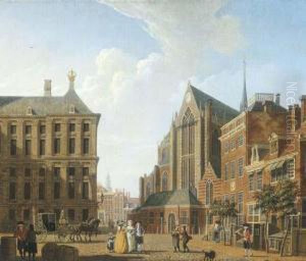 The Dam, Amsterdam, With The Town Hall On The Left And The Nieuwe Kerk On The Right Oil Painting by Isaak Ouwater