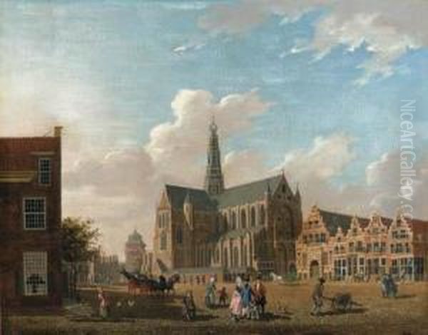 A View Of St. Bavo's Cathedral, Haarlem, With Elegant Company Andtownsfolk Oil Painting by Isaak Ouwater