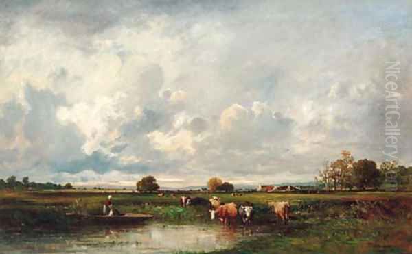 Cattle and farmhands in a pasture Oil Painting by Leon Victor Dupre