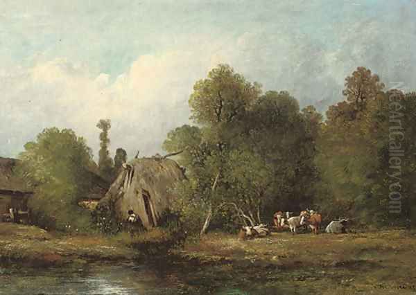 Cattle by a farmstead Oil Painting by Leon Victor Dupre