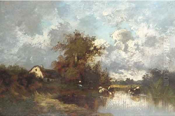 Cattle watering at a lakeside cottage Oil Painting by Leon Victor Dupre