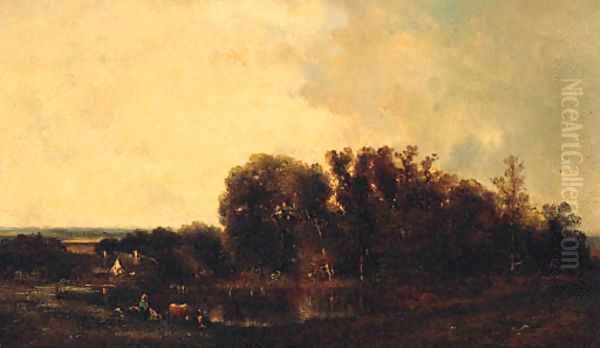 Cattle Watering In A Tranquil Country Landscape Oil Painting by Leon Victor Dupre