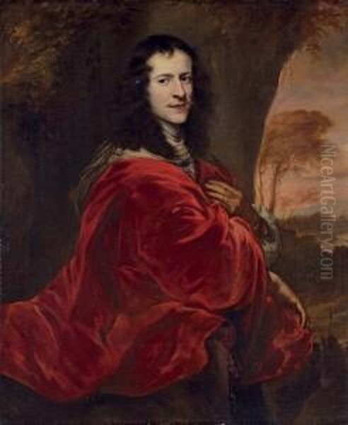 Portrait Of A Gentleman, Three-quarter-length, In A Red Cloak, Before A Landscape Oil Painting by Jurgen Ovens