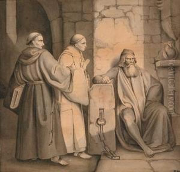 Two Monks Visiting A Prisoner In The Dungeon Oil Painting by Johann Friedrich Overbeck