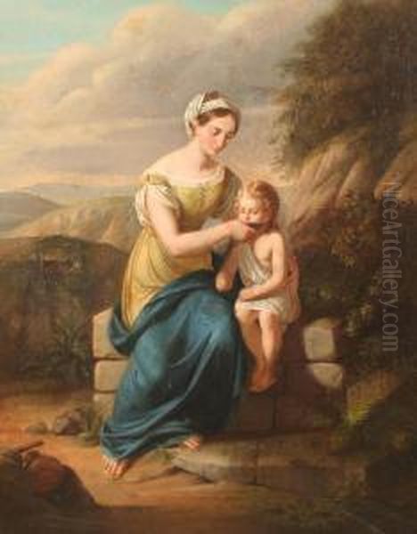 Junge Mutter Vor Bergiger Landschaft, Die Ihrem Kindeine Schale Mit Wasser Reicht Oil Painting by Johann Friedrich Overbeck