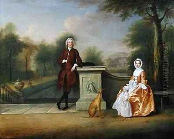 The Hon Robert Cholmondeley his wife and son in a garden Oil Painting by Arthur Devis