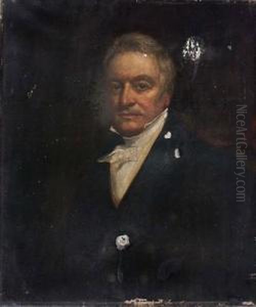 Portrait Of A Gentleman With Grey Hair Wearing Awhite Stock And Black Jacket Oil Painting by William Owen