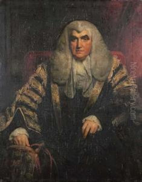 Portrait Of John Scott, 1st Earl
 Of Eldon (1751-1838), Seated, Three-quarter-length, In Robes, His Right
 Hand Holding The Chancellor's Bourse Oil Painting by William Owen