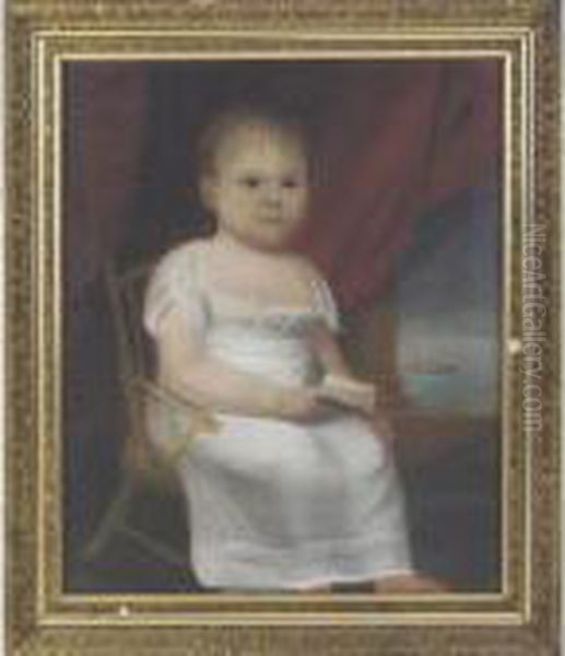 Portrait Of A Child In White Dress Seated In Yellow Painted Arm Chair Oil Painting by William Owen