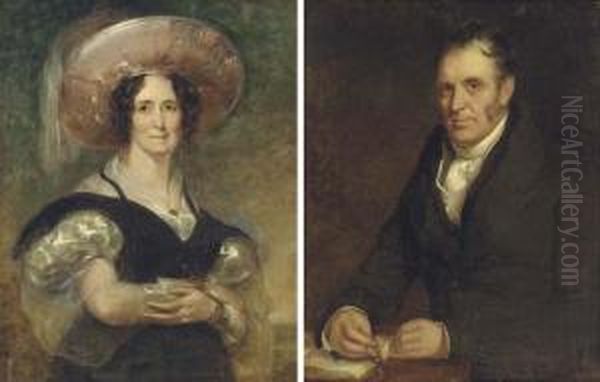 Portrait Of A Gentleman, 
Half-length, In A Black Coat, Holding His Spectacles And A Book; And 
Portrait Of A Lady, Half-length, In A Black And White Dress And 
Feathered Hat, In A Landscape Oil Painting by William Owen