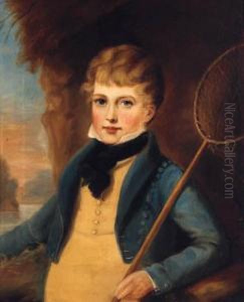 Portrait Of A Boy, Half-length, 
In A Blue Jacket And Yellowbreeches, White Shirt And Black Stock, 
Holding A Fishing Net, In Alandscape Oil Painting by William Owen