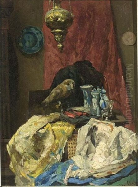 A Still Life With Chinese Porcelain And Owl Oil Painting by David Oyens