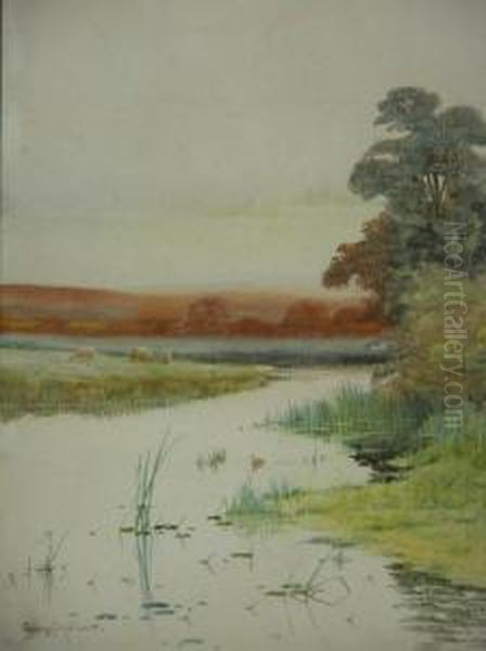 Water Meadow With Grazing Sheep Oil Painting by George Oyston