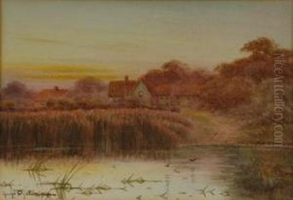 British River Landscape In Summer; Cottages By A Pond At Sunset Oil Painting by George Oyston