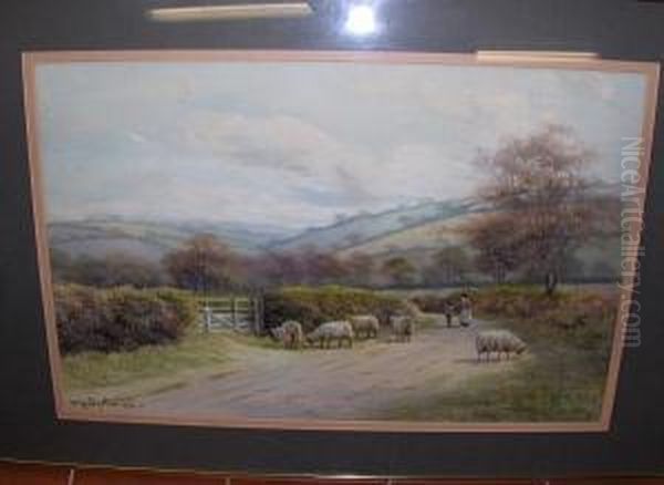 Sheep And Figures On A Country Lane Oil Painting by George Oyston