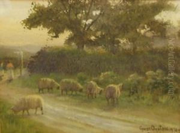 Figures With Sheep In A Lane Oil Painting by George Oyston