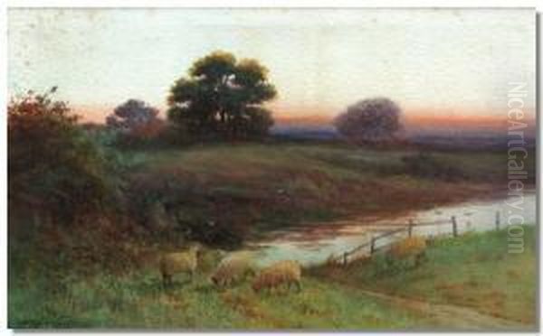 Landscape Scene With Sheep And River In The Foreground Oil Painting by George Oyston