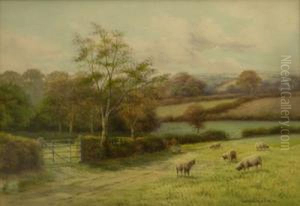 Sheep Grazing Oil Painting by George Oyston