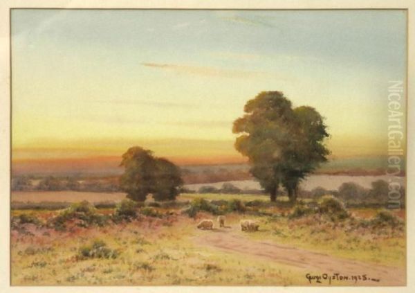 A Summer Landscape At Sunsetwith Sheep Grazing In The Foreground Oil Painting by George Oyston