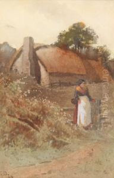 Landscape With Afarmhouse And A Farmer's Wife Wearing A White Apron Oil Painting by George Oyston