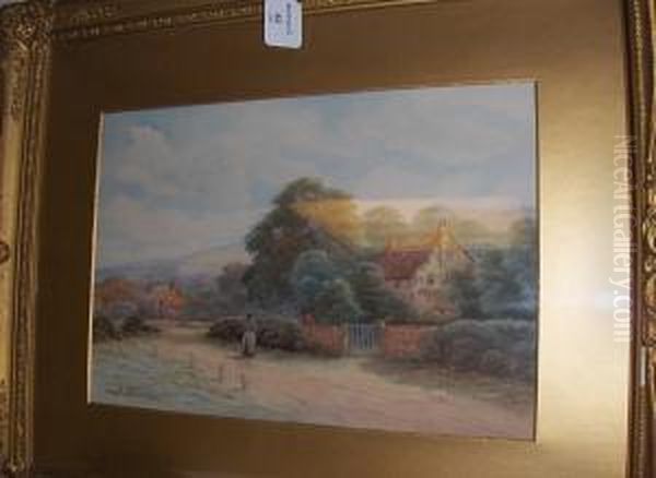 Figure Before A Cottage; Eashing
 Bridge,surrey, Signed And Dated 1928, A Pair Of Watercolours Oil Painting by George Oyston