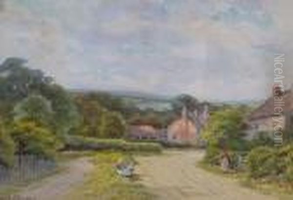 Country Village Lane With Figures Conversing Oil Painting by George Oyston