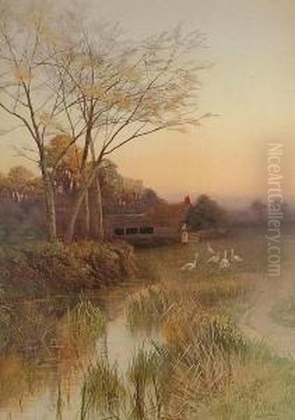 Geese By A River; Figure On A Rural Lane Oil Painting by George Oyston