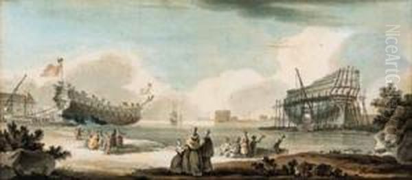 The Builder's Yard; And Three-masters Preparing To Set Sail Oil Painting by Nicolas Marie Ozanne