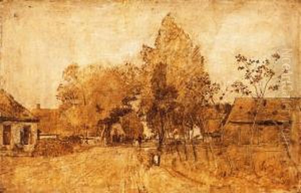 End Of The Village, About 1870-71 Oil Painting by Laszlo Paal